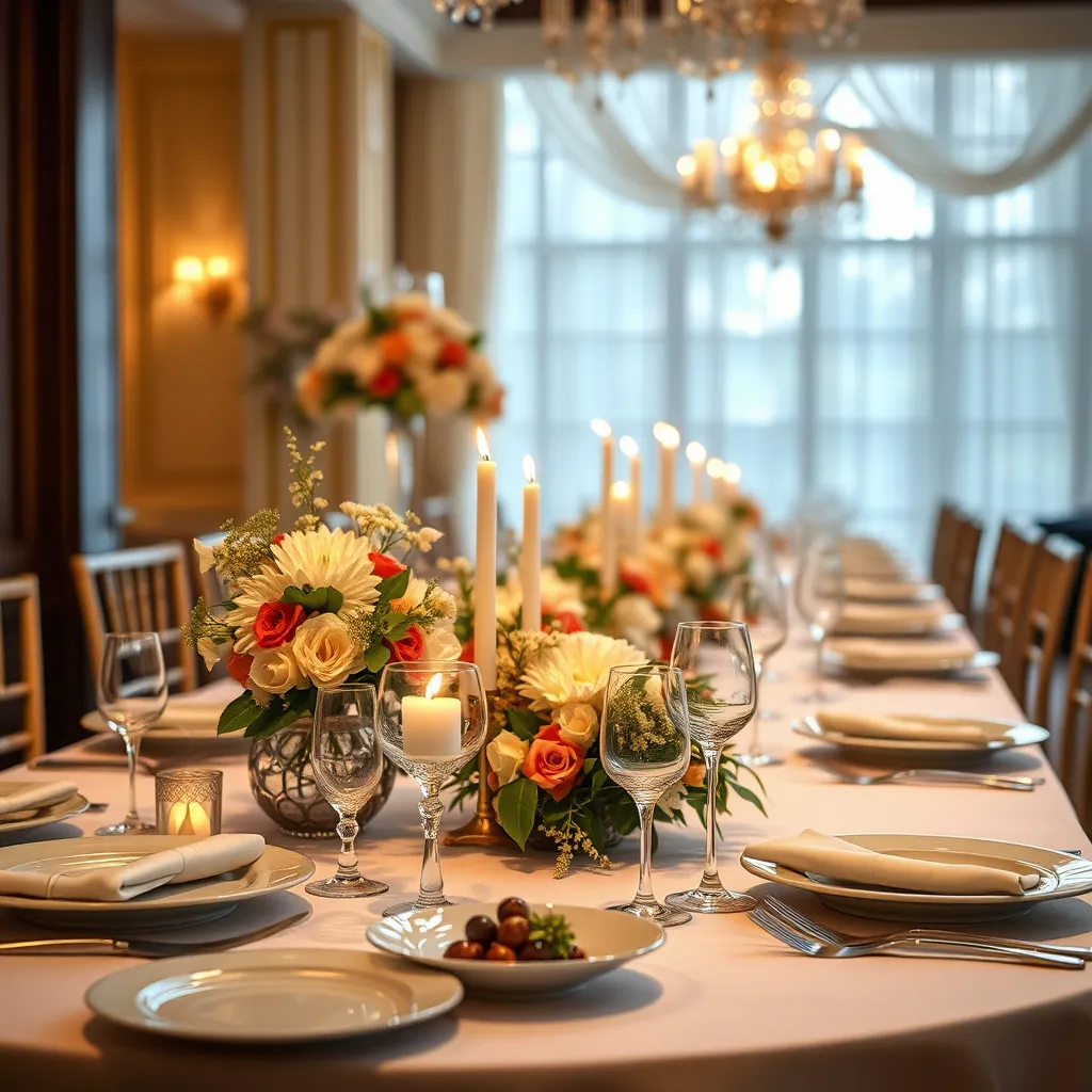 A beautifully set table for a wedding reception, adorned with elegant floral arrangements, fine china, and silverware, capturing a warm and inviting atmosphere. Include a gourmet meal presentation and a backdrop of soft lighting to enhance the romantic feel.