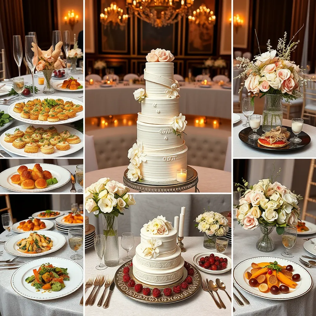 A collage showcasing a variety of dishes tailored for weddings, including elegantly plated appetizers, a stunning wedding cake, and unique centerpieces, all arranged on a decorated banquet table to evoke a festive and sophisticated atmosphere.