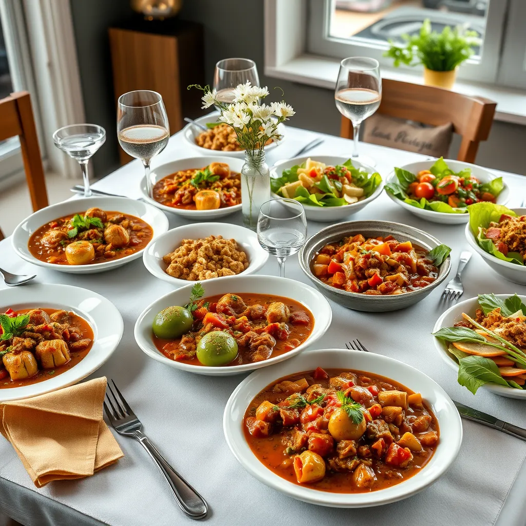 A beautifully arranged lunch table displaying a variety of delicious dishes, including colorful salads, grilled meats, and fresh bread. The setting features a wooden table with elegant white plates and colorful tableware. Soft diffused lighting highlights the vibrant colors of the food, creating an inviting atmosphere. The background includes a lush green garden, enhancing the outdoor dining experience. Include elements like sparkling water in elegant glasses and a small vase with fresh flowers in the center. Capture the scene from a bird's eye view to showcase the arrangement of the food and the overall aesthetic. The image should be hyperrealistic, ultra-detailed, and in 8K resolution, evoking a warm, welcoming mood.