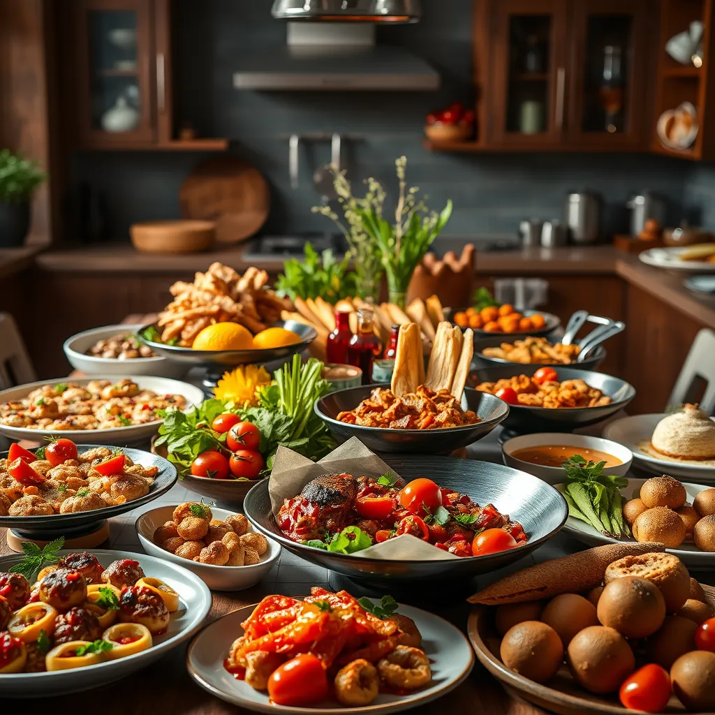 A vibrant catering display showcasing an array of gourmet dishes ready for delivery. The image captures a beautifully arranged table filled with delectable appetizers, main courses, and delicate desserts. Utilize dramatic side lighting to enhance the textures and colors of the food, creating a mouth-watering visual appeal. The color palette is rich with deep reds, fresh greens, and golden hues, evoking a sense of luxury and indulgence. Capture the scene from a straight-on perspective to emphasize the feast laid out, including details like stylish serving platters, fresh herbs, and artisanal bread. The background should feature a cozy kitchen setting, evoking the warmth of homemade meals. The image should be hyperrealistic, ultra-detailed, and in 8K resolution, showcasing the finest catering service.