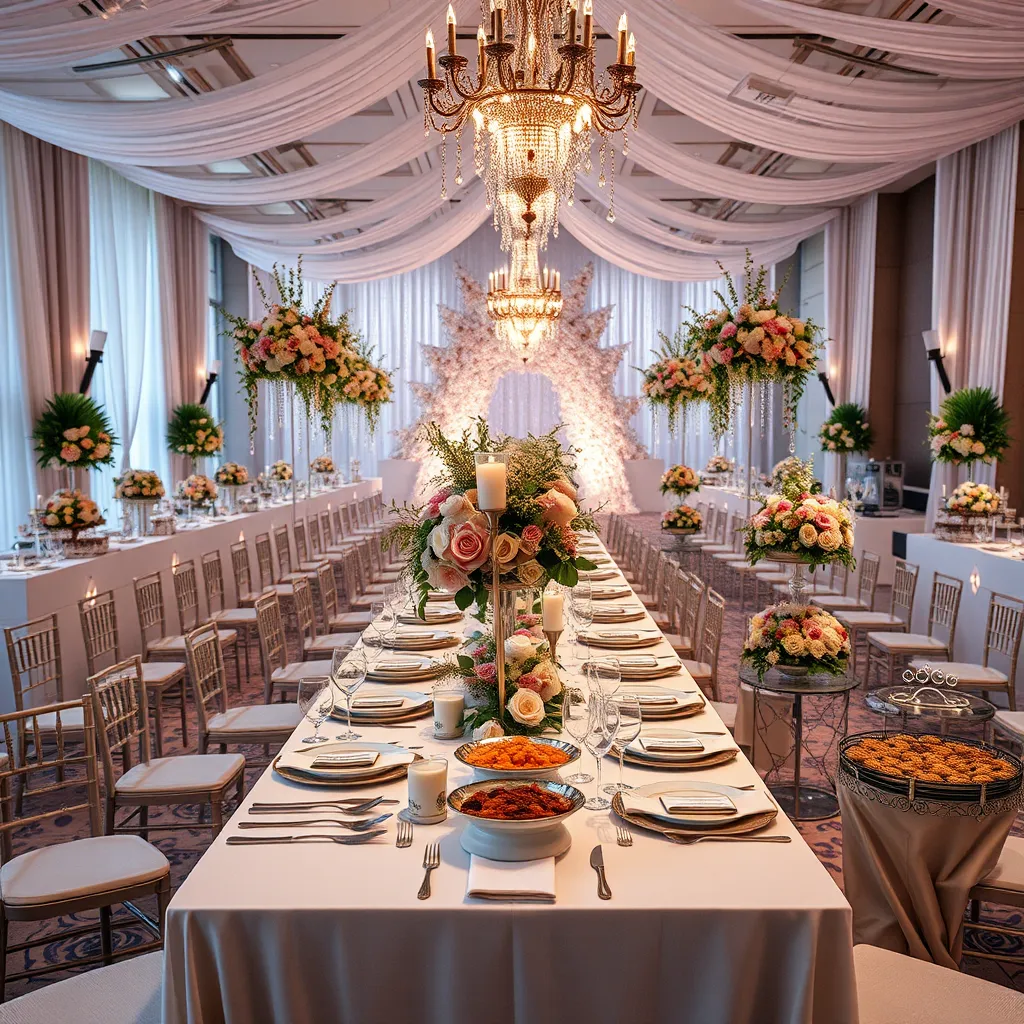 An elegant wedding reception setup, with a long banquet table beautifully laid out with fine china, sparkling crystal glassware, and exquisite floral arrangements. Soft, romantic lighting illuminates the space, casting a warm glow over the white table linens adorned with golden accents. The mood is celebratory and joyous, filled with soft pastel colors such as blush pink, ivory, and soft gold. Capture the scene from a slightly elevated angle, allowing a glimpse of the stunning cake and enchanting decorations. The background features soft drapes and twinkling fairy lights, creating a magical atmosphere. The image should be photorealistic, ultra-high quality, and in 8K resolution, reflecting the essence of love and joy in the celebration.